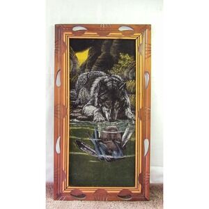 2-Vintage Velvet Art Paintings Wolf w/Native American & Eagle Wood Framed